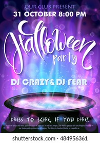 vector halloween party invitation poster with hand lettering greetings label - happy halloween - with boiling witch cauldron on background.