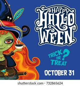 Vector halloween party invitation poster banner with spooky lettering greetings label - Happy Halloween. Young witch flying in hat, on broomstick, drinking hot tea with candies, friendly cute spider.