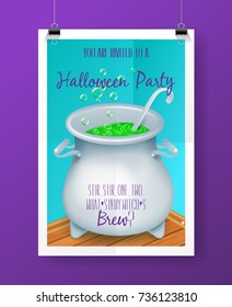 vector halloween party invitation poster with hand lettering greetings label - happy halloween - with boiling witch cauldron on background.