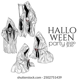 Vector Halloween party invitation template featuring 4 hooded deaths with playing cards, wine and burger