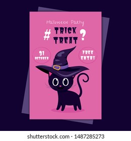 Vector  Halloween party invitations or greeting cards with handwritten calligraphy and traditional symbols and cat in witch hat 