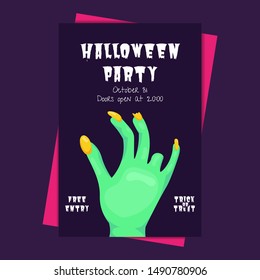 Vector  Halloween party invitations or greeting cards with handwritten calligraphy and traditional symbols and zombie hand