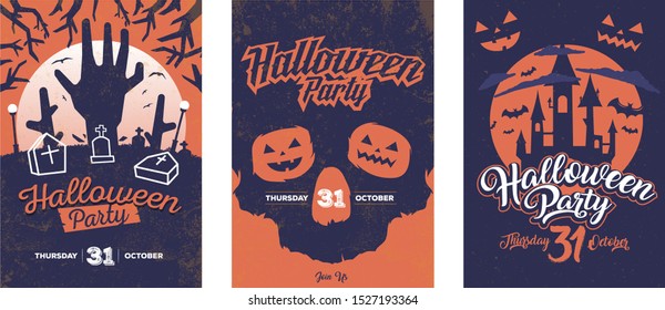 Vector Halloween party invitations and greeting cards. Graves, skull, bats and moon.