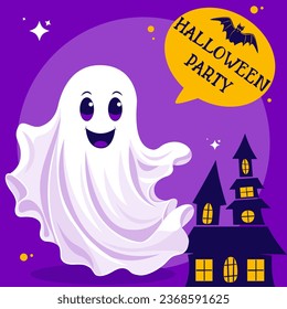 Vector Halloween party invitations or greeting cards with ghost and traditional symbols. Website or promo banner, flyer, poster with spirit Halloween on purple background. Ghost face, ghost, phantasma