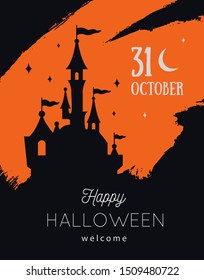Vector Halloween party invitations or sale poster, banner.  Festive autumn background with castle silhouette
