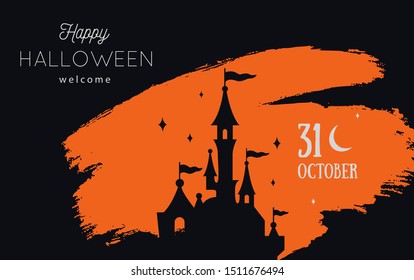 Vector Halloween party invitations or sale poster, banner.  Festive autumn background with castle silhouette