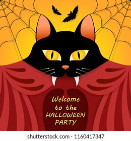Vector halloween party poster with black cat image.