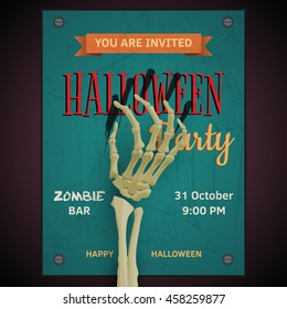 Vector Halloween party poster with dead man's zombie skeleton arm on invitation to party.