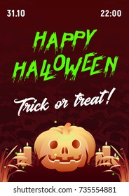Vector halloween party poster with green spooky text. Pumpkin in dark mystic red forest with grass and fireflies