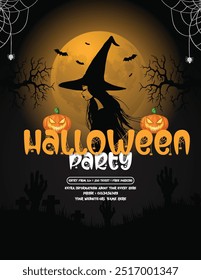 Vector Halloween Party poster illustration design with Witch and spooky background happy Halloween