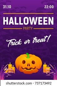 Vector halloween party poster with spooky text. Ginger pumpkin in dark mystic violet forest with grass and fireflies