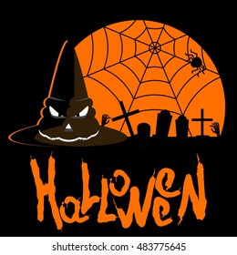 Vector halloween party poster template. Witch hat with glowing eyes in the dark, ghosts and spiders in the cemetery. Flat cartoon illustration. Objects isolated on background.