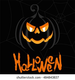 Vector halloween party poster template. Halloween pumpkin with glowing eyes smiling in the dark. Flat cartoon illustration. Objects isolated on black background.