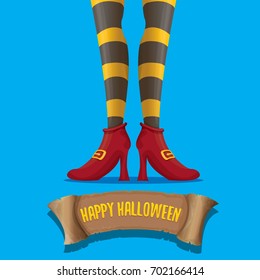vector halloween party poster with witch legs and vintage ribbon with text happy halloween  isolated on blue background . girls legs with stripped stockings and shoes.