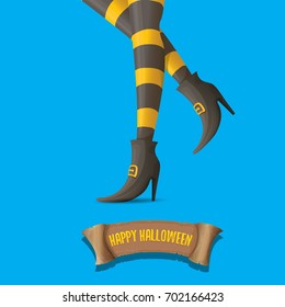 vector halloween party poster with witch legs and vintage ribbon with text happy halloween  isolated on blue background . girls legs with stripped stockings and shoes.