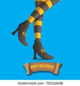 vector halloween party poster with witch legs and vintage ribbon with text happy halloween  isolated on blue background . girls legs with stripped stockings and shoes.