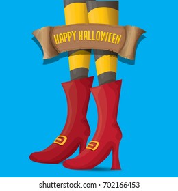vector halloween party poster with witch legs and vintage ribbon with text happy halloween  isolated on blue background . girls legs with stripped stockings and shoes.
