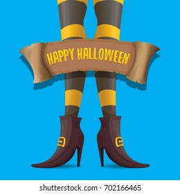 vector halloween party poster with witch legs and vintage ribbon with text happy halloween  isolated on blue background . girls legs with stripped stockings and shoes.