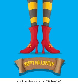vector halloween party poster with witch legs and vintage ribbon with text happy halloween  isolated on blue background . girls legs with stripped stockings and shoes.