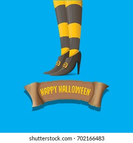 vector halloween party poster with witch legs and vintage ribbon with text happy halloween  isolated on blue background . girls legs with stripped stockings and shoes.