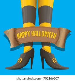 vector halloween party poster with witch legs and vintage ribbon with text happy halloween  isolated on blue background . girls legs with stripped stockings and shoes.