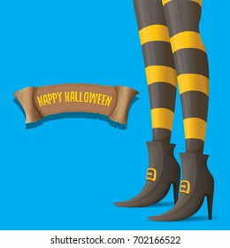 vector halloween party poster with witch legs and vintage ribbon with text happy halloween  isolated on blue background . girls legs with stripped stockings and shoes.