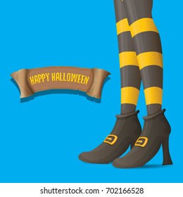 vector halloween party poster with witch legs and vintage ribbon with text happy halloween  isolated on blue background . girls legs with stripped stockings and shoes.