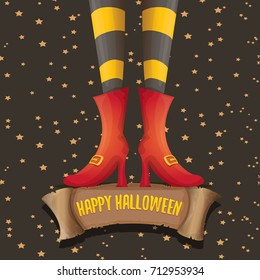 vector halloween party poster with witch legs and vintage ribbon with text happy halloween isolated on stars background . girls legs with stripped stockings and shoes.