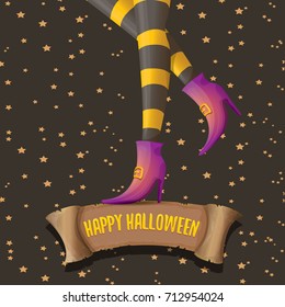 vector halloween party poster with witch legs and vintage ribbon with text happy halloween isolated on stars background . girls legs with stripped stockings and shoes.