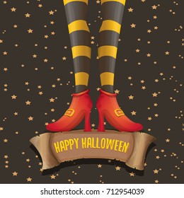 vector halloween party poster with witch legs and vintage ribbon with text happy halloween isolated on stars background . girls legs with stripped stockings and shoes.