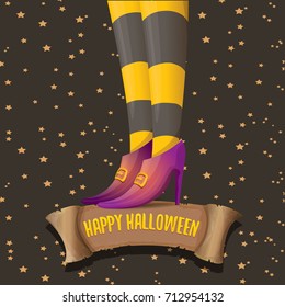 vector halloween party poster with witch legs and vintage ribbon with text happy halloween isolated on stars background . girls legs with stripped stockings and shoes.