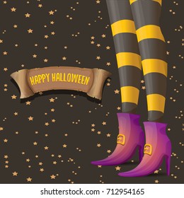 vector halloween party poster with witch legs and vintage ribbon with text happy halloween isolated on stars background . girls legs with stripped stockings and shoes.