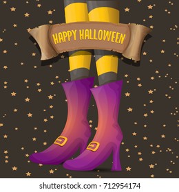 vector halloween party poster with witch legs and vintage ribbon with text happy halloween isolated on stars background . girls legs with stripped stockings and shoes.
