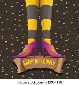 vector halloween party poster with witch legs and vintage ribbon with text happy halloween isolated on stars background . girls legs with stripped stockings and shoes.