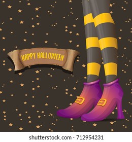 vector halloween party poster with witch legs and vintage ribbon with text happy halloween isolated on stars background . girls legs with stripped stockings and shoes.