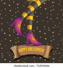vector halloween party poster with witch legs and vintage ribbon with text happy halloween isolated on stars background . girls legs with stripped stockings and shoes.
