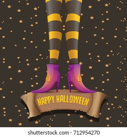 vector halloween party poster with witch legs and vintage ribbon with text happy halloween isolated on stars background . girls legs with stripped stockings and shoes.