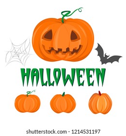 Vector Halloween party pumpkin set with bat and spiderweb
