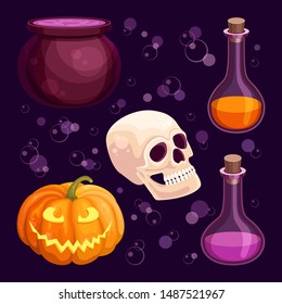 Vector Halloween party set with witch cauldron boiling the potion, scary pumpkin, skull and poison bottles. Holiday colorful icons collection