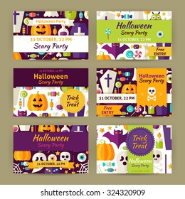 Vector Halloween Party Template Invitation Modern Set. Flat Design Vector Illustration of Brand Identity for Halloween Promotion. Trick or Treat Colorful Pattern for Advertising