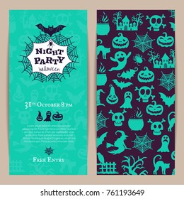 Vector halloween party thin invitation card template with creepy witches, pumpkins, ghosts, spiders silhouettes and garlands illustration