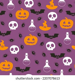 Vector Halloween pattern with bat,skull,Halloween pumpkin,spider,potion flask.Use for event invitation,discount voucher,advertising,greeting card,logo,packaging,textile,web.
