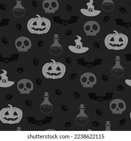 Vector Halloween pattern with bat,skull,Halloween pumpkin,spider,potion flask.Use for event invitation,discount voucher,advertising,greeting card,logo,packaging,textile,web.