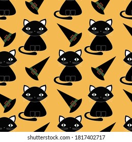 Vector halloween pattern with black cat and witch hat isolated on orange background in cartoon style for fabrics, paper, textile, gift wrap 