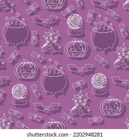 Vector Halloween pattern with candy,bat,Halloween pumpkin,potion cauldron,castle,magic ball.Use for event invitation,discount voucher,advertising,greeting card,logo,packaging,textile,web