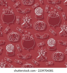 Vector Halloween pattern with candy,bat,Halloween pumpkin,potion cauldron,castle,magic ball.Use for event invitation,discount voucher,advertising,greeting card,logo,packaging,textile,web