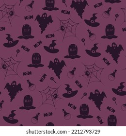 Vector Halloween pattern with candy,ghost,grave,witch hat,spider and web,potion flask.Use for event invitation,discount voucher,advertising,greeting card,logo,packaging,textile,web