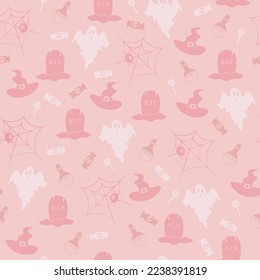 Vector Halloween pattern with candy,ghost,grave,witch hat,spider and web,potion flask.Use for event invitation,discount voucher,advertising,greeting card,logo,packaging,textile,web