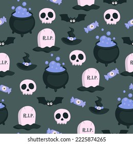 Vector Halloween pattern with candy,grave,bat,skull,witch hat,potion cauldron.Use for event invitation,discount voucher,advertising,greeting card,logo,packaging,textile,web.