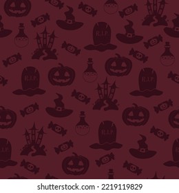 Vector Halloween pattern with candy,grave,Halloween pumpkin,witch hat,castle,potion flask.Use for event invitation,discount voucher,advertising,greeting card,logo,packaging,textile,web.